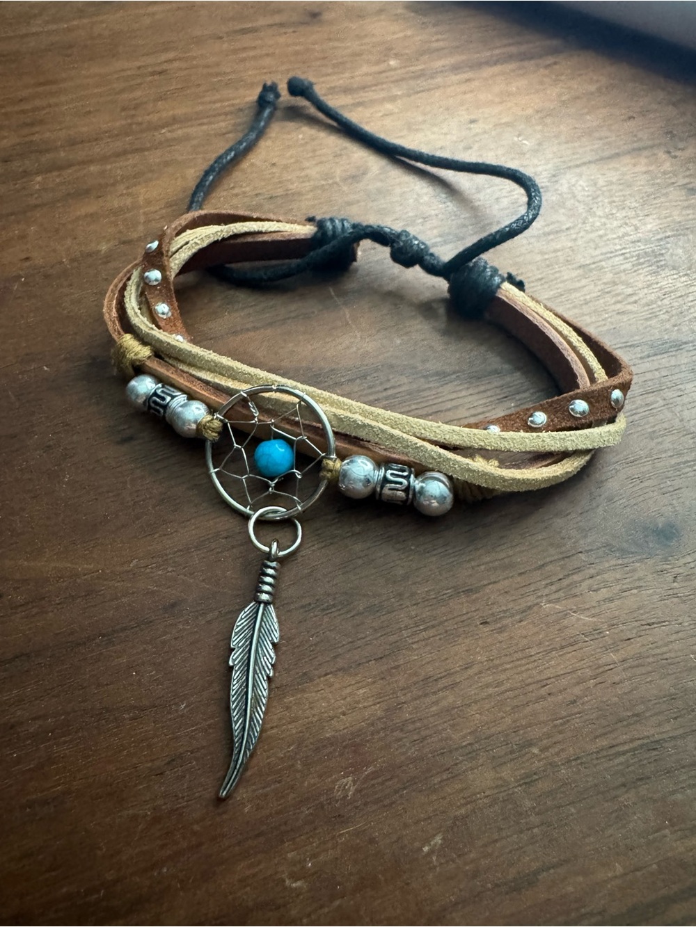 Boho Multistrand Leather/Suede Dreamcatcher Feather Bracelet